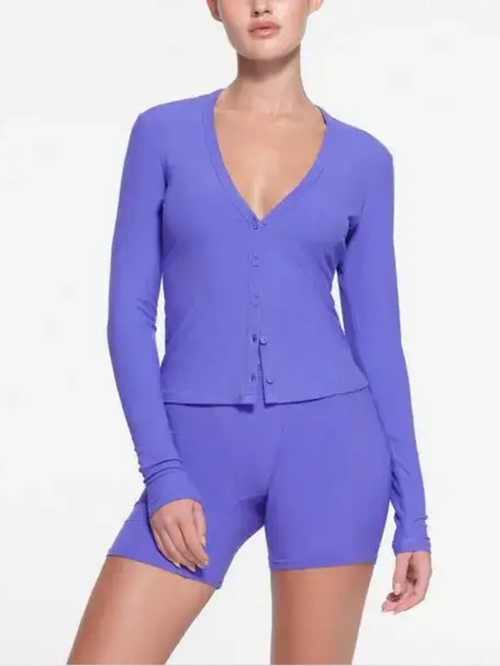 SKIMS V-Neck Ribbed Button Cardigan in Violet